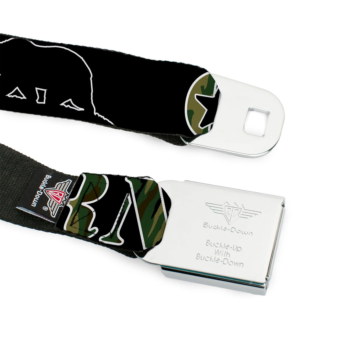 BD Wings Logo CLOSE-UP Full Color Black Silver Seatbelt Belt - CALIFORNIA/Bear Silhouette Black/Camo Olive Webbing