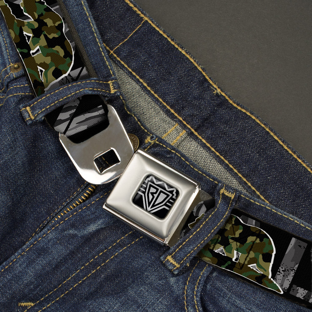 BD Wings Logo CLOSE-UP Full Color Black Silver Seatbelt Belt - CALIFORNIA/Flag Bear Black/Camo Gray/Camo Olive Webbing - Buckle-Down - Flyclothing LLC