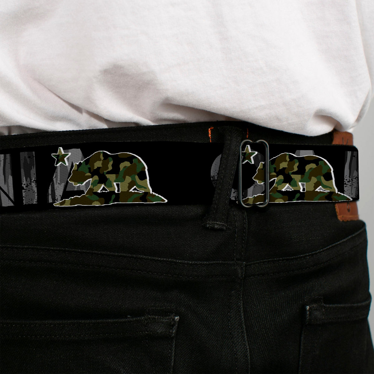 BD Wings Logo CLOSE-UP Full Color Black Silver Seatbelt Belt - CALIFORNIA/Flag Bear Black/Camo Gray/Camo Olive Webbing - Buckle-Down - Flyclothing LLC