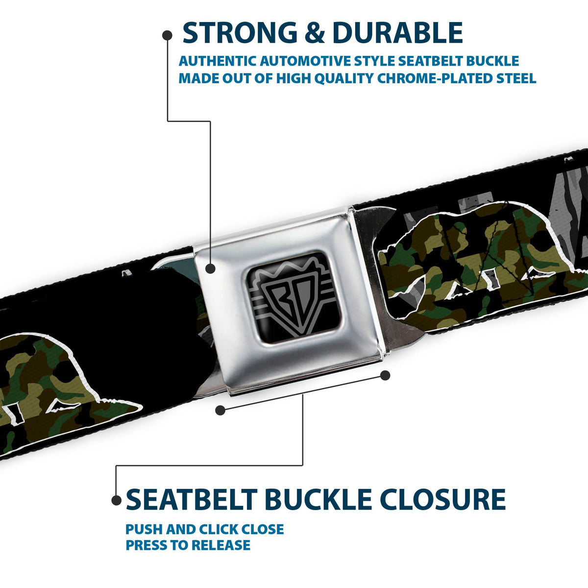 BD Wings Logo CLOSE-UP Full Color Black Silver Seatbelt Belt - CALIFORNIA/Flag Bear Black/Camo Gray/Camo Olive Webbing - Buckle-Down - Flyclothing LLC