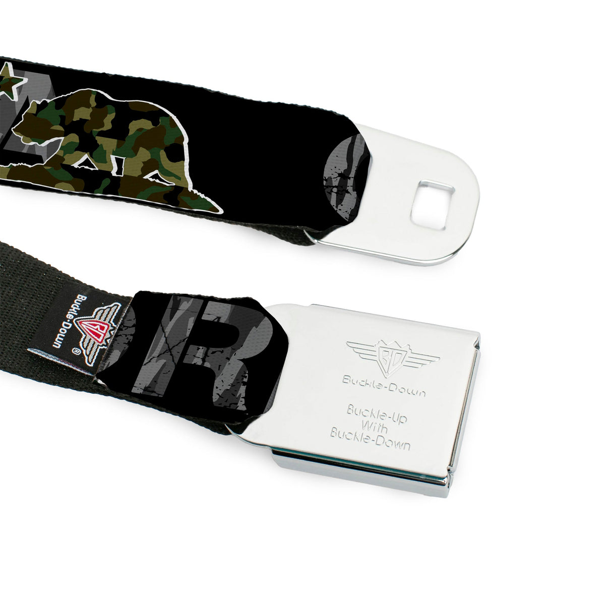BD Wings Logo CLOSE-UP Full Color Black Silver Seatbelt Belt - CALIFORNIA/Flag Bear Black/Camo Gray/Camo Olive Webbing - Buckle-Down - Flyclothing LLC