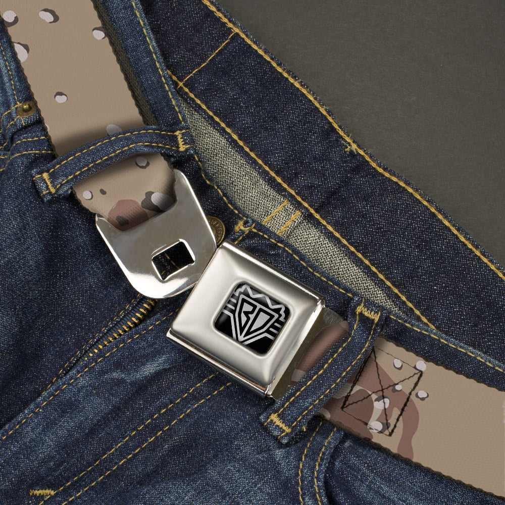 BD Wings Logo CLOSE-UP Full Color Black Silver Seatbelt Belt - Desert Camo Tans/Browns Webbing - Buckle-Down - Flyclothing LLC