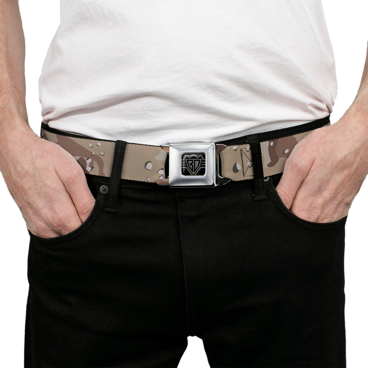 BD Wings Logo CLOSE-UP Full Color Black Silver Seatbelt Belt - Desert Camo Tans/Browns Webbing - Buckle-Down - Flyclothing LLC