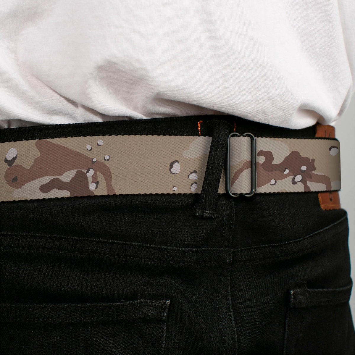 BD Wings Logo CLOSE-UP Full Color Black Silver Seatbelt Belt - Desert Camo Tans/Browns Webbing - Buckle-Down - Flyclothing LLC
