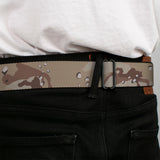 BD Wings Logo CLOSE-UP Full Color Black Silver Seatbelt Belt - Desert Camo Tans/Browns Webbing - Buckle-Down - Flyclothing LLC