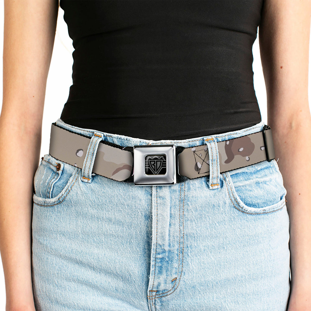 BD Wings Logo CLOSE-UP Full Color Black Silver Seatbelt Belt - Desert Camo Tans/Browns Webbing - Buckle-Down - Flyclothing LLC