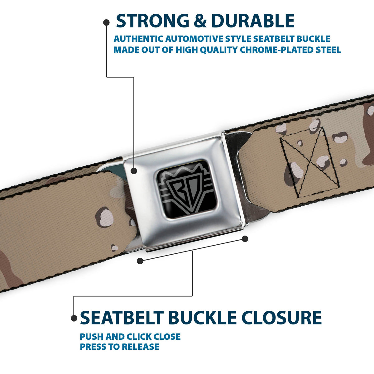BD Wings Logo CLOSE-UP Full Color Black Silver Seatbelt Belt - Desert Camo Tans/Browns Webbing - Buckle-Down - Flyclothing LLC