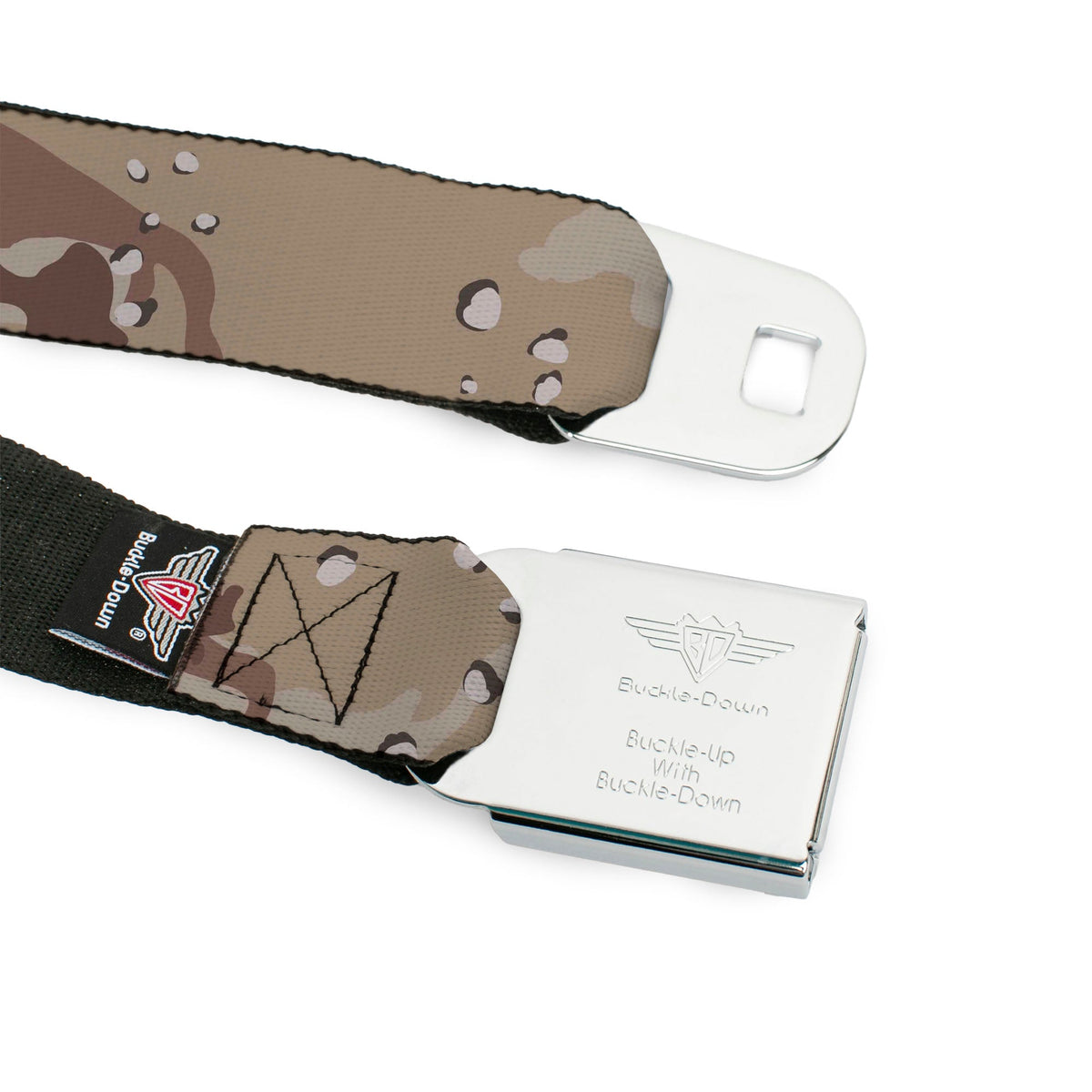 BD Wings Logo CLOSE-UP Full Color Black Silver Seatbelt Belt - Desert Camo Tans/Browns Webbing - Buckle-Down - Flyclothing LLC