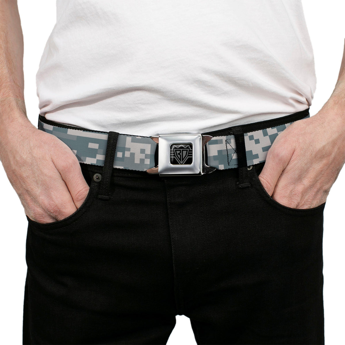 BD Wings Logo CLOSE-UP Full Color Black Silver Seatbelt Belt - Digital Camo2 Grays Webbing