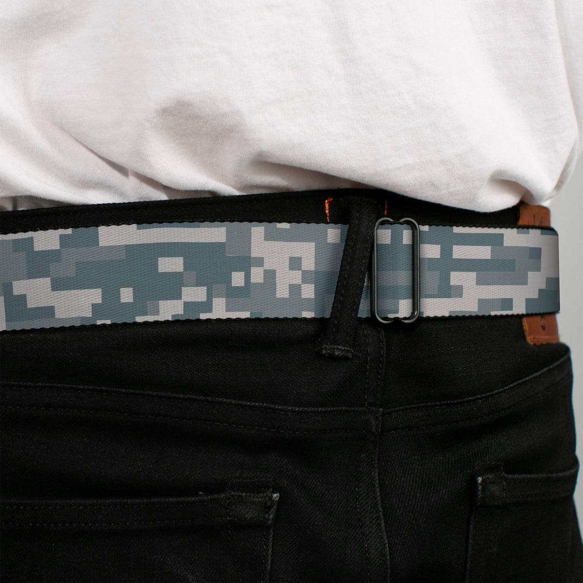 BD Wings Logo CLOSE-UP Full Color Black Silver Seatbelt Belt - Digital Camo2 Grays Webbing