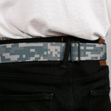 BD Wings Logo CLOSE-UP Full Color Black Silver Seatbelt Belt - Digital Camo2 Grays Webbing