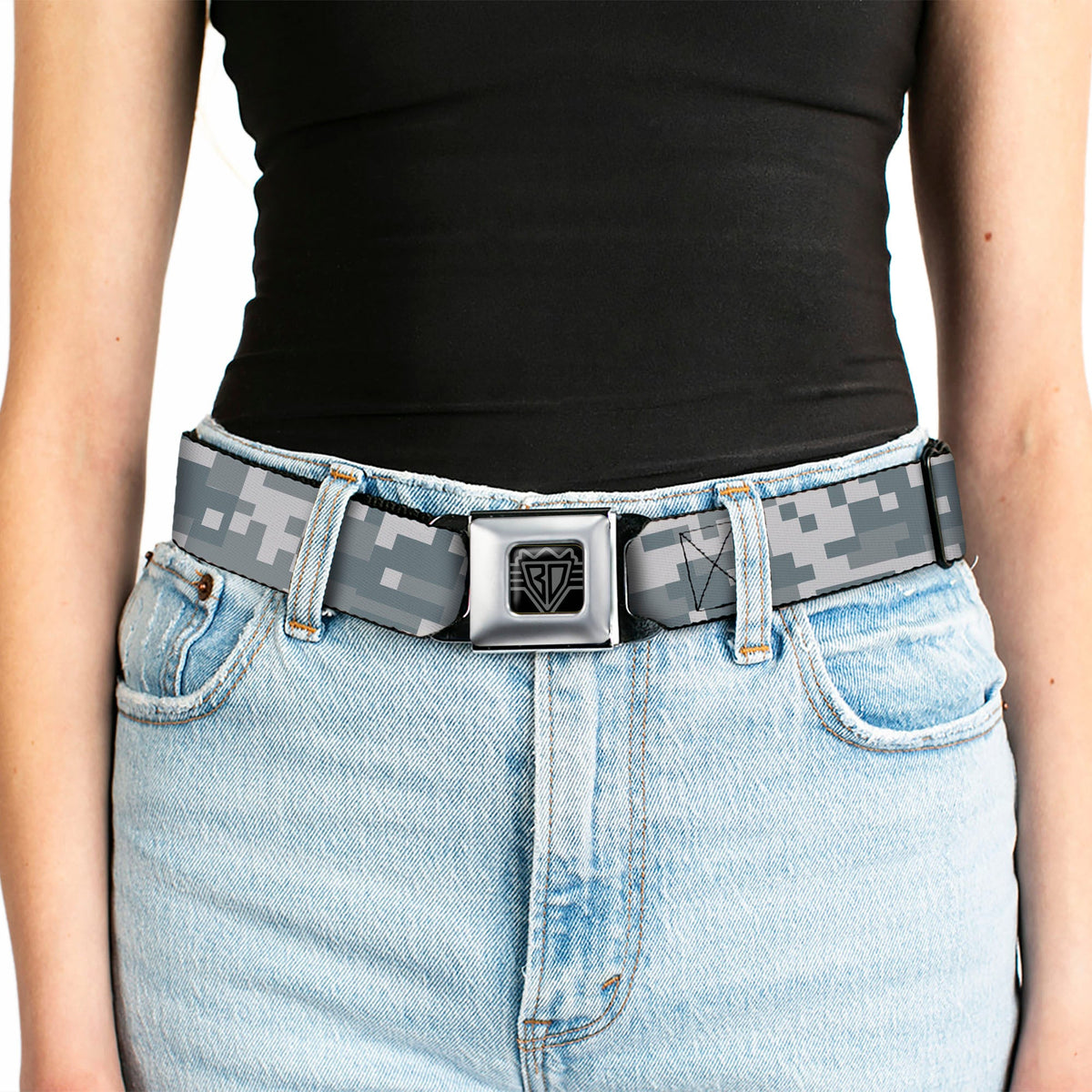 BD Wings Logo CLOSE-UP Full Color Black Silver Seatbelt Belt - Digital Camo2 Grays Webbing