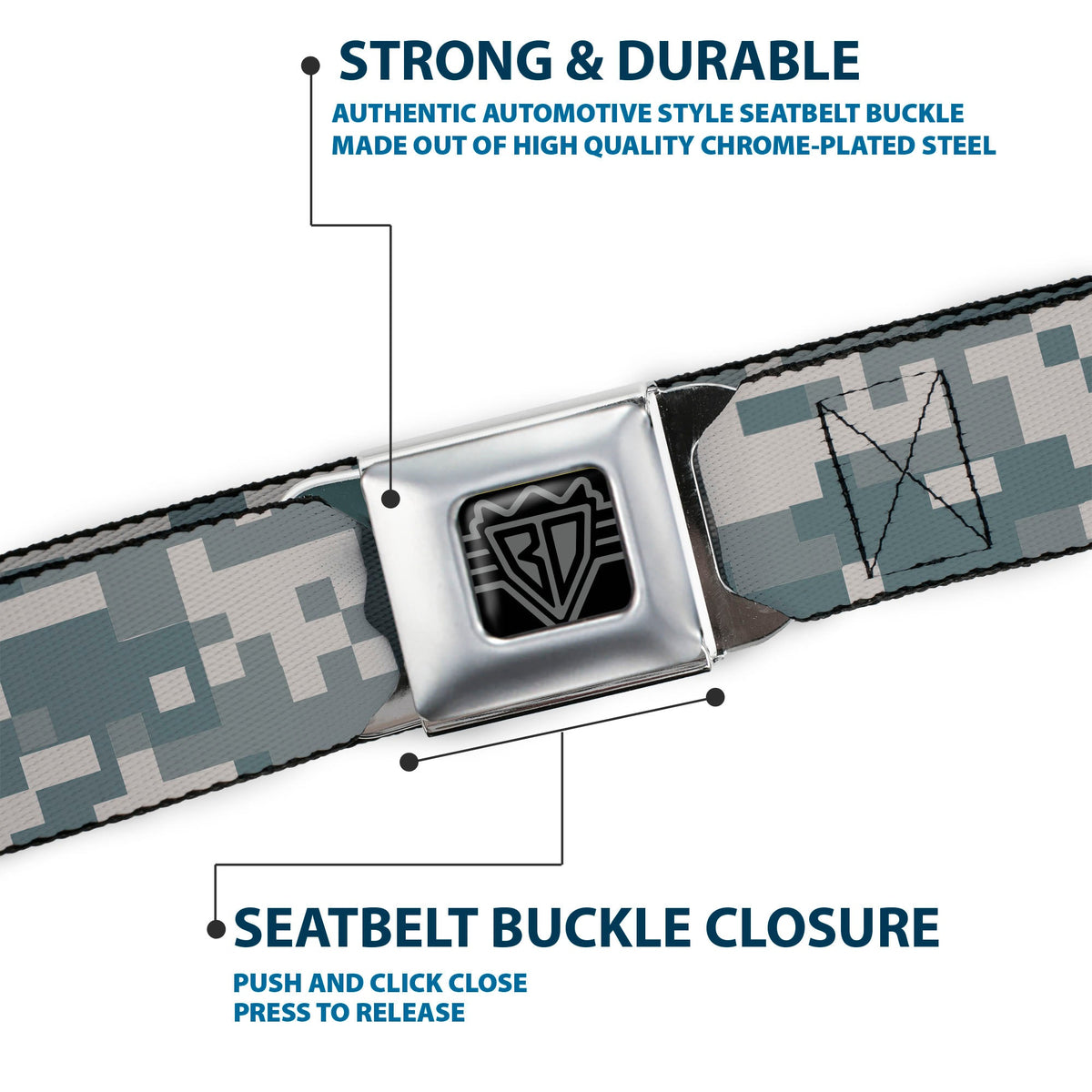 BD Wings Logo CLOSE-UP Full Color Black Silver Seatbelt Belt - Digital Camo2 Grays Webbing