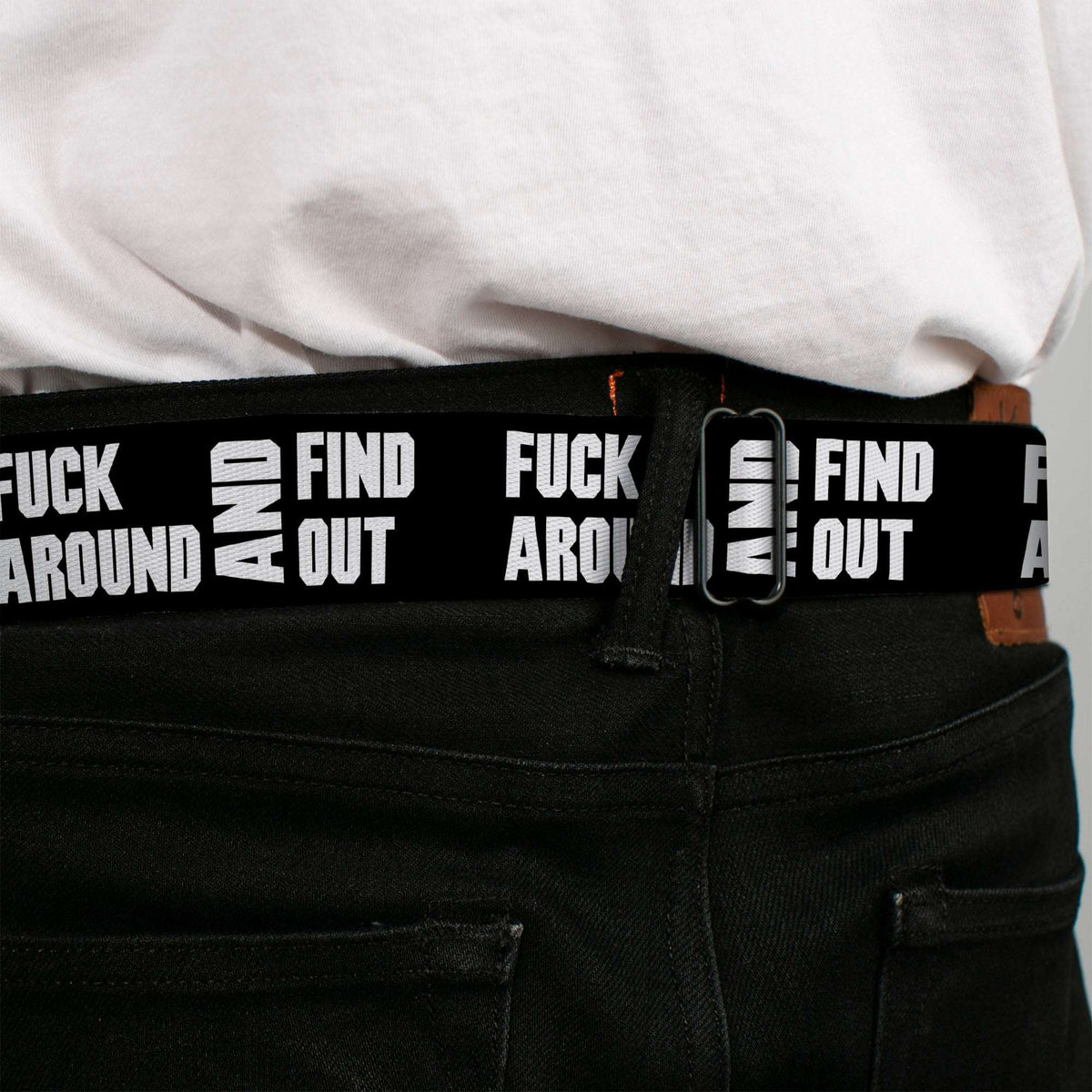BD Wings Logo CLOSE-UP Black/Silver Seatbelt Belt - FAFO FUCK AROUND AND FIND OUT Bold Black/White Webbing