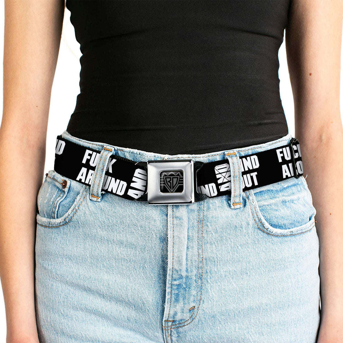 BD Wings Logo CLOSE-UP Black/Silver Seatbelt Belt - FAFO FUCK AROUND AND FIND OUT Bold Black/White Webbing