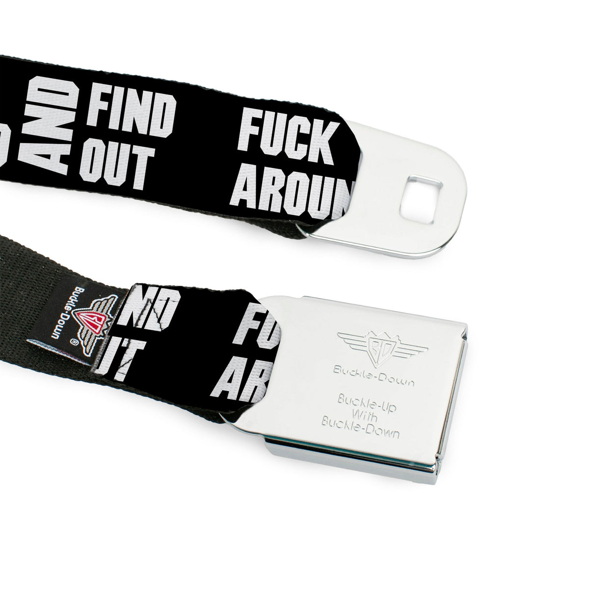 BD Wings Logo CLOSE-UP Black/Silver Seatbelt Belt - FAFO FUCK AROUND AND FIND OUT Bold Black/White Webbing