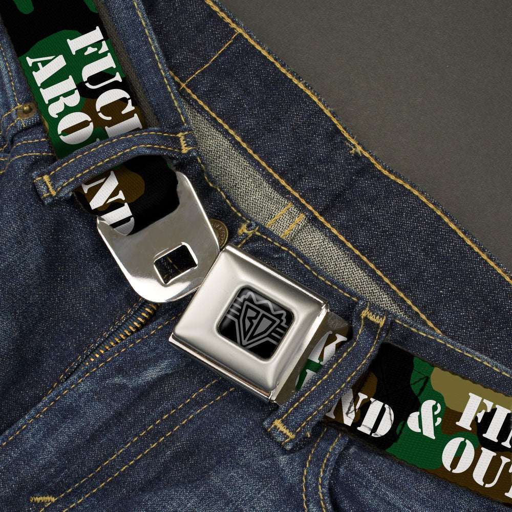 BD Wings Logo CLOSE-UP Black/Silver Seatbelt Belt - FAFO FUCK AROUND & FIND OUT Stencil Camo/White Webbing - Buckle-Down - Flyclothing LLC