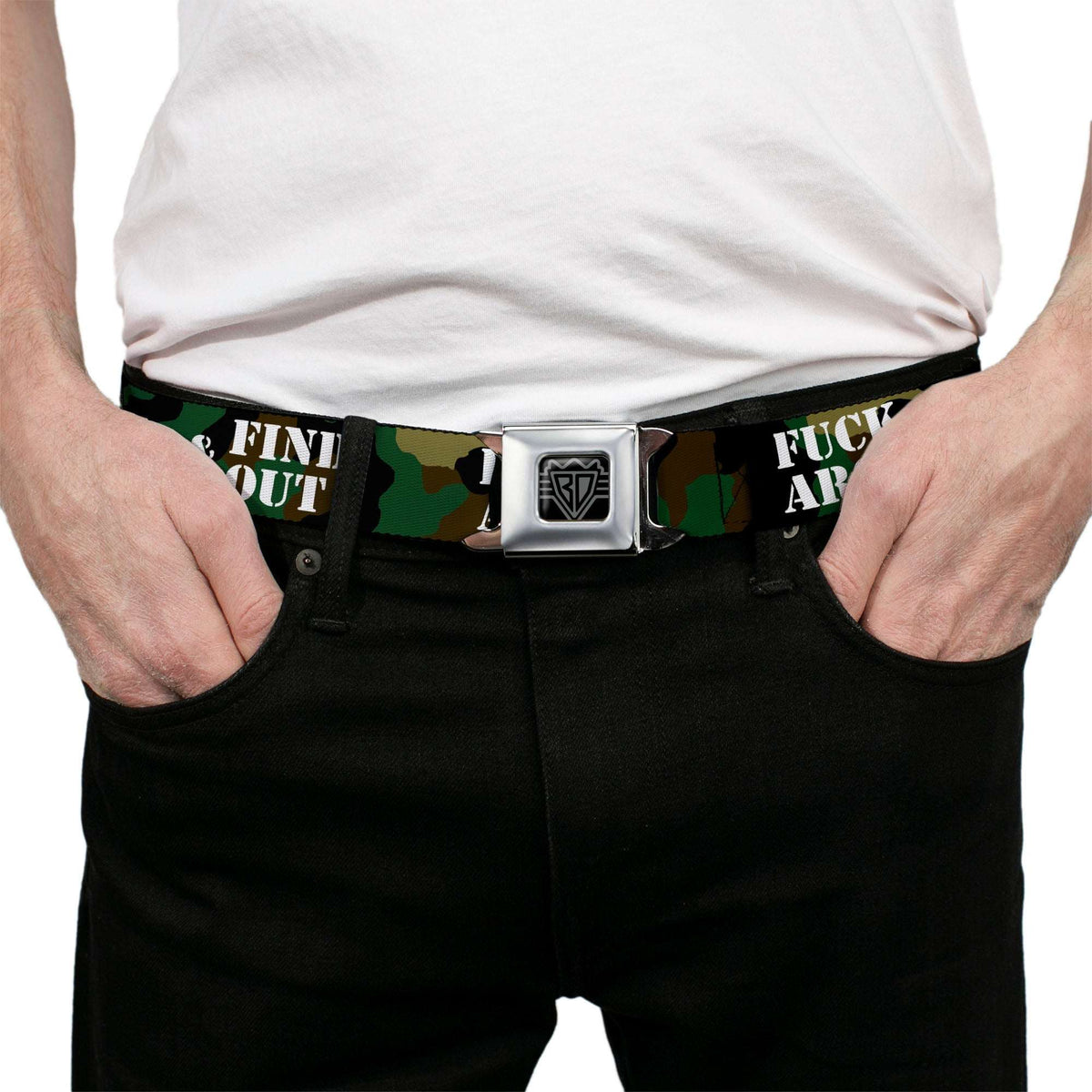 BD Wings Logo CLOSE-UP Black/Silver Seatbelt Belt - FAFO FUCK AROUND & FIND OUT Stencil Camo/White Webbing - Buckle-Down - Flyclothing LLC