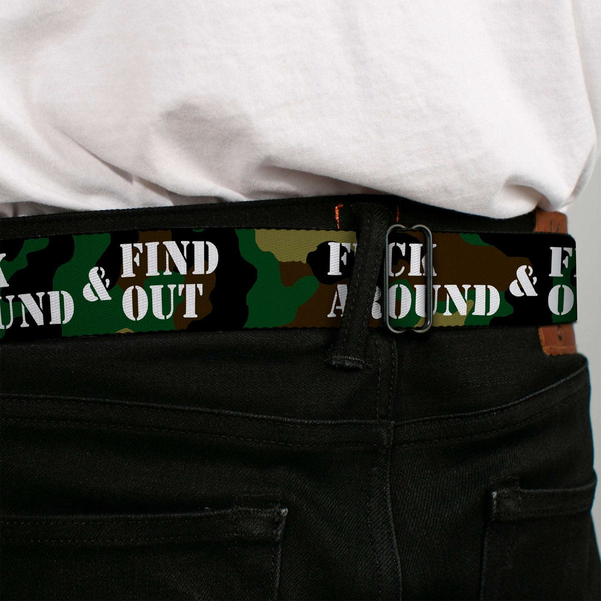 BD Wings Logo CLOSE-UP Black/Silver Seatbelt Belt - FAFO FUCK AROUND & FIND OUT Stencil Camo/White Webbing - Buckle-Down - Flyclothing LLC