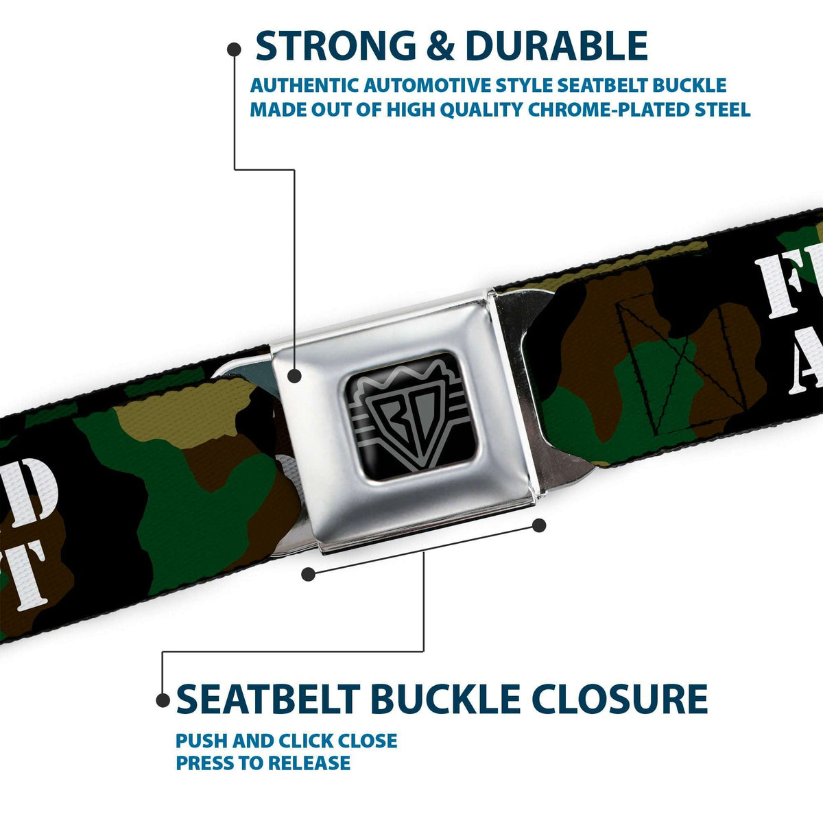 BD Wings Logo CLOSE-UP Black/Silver Seatbelt Belt - FAFO FUCK AROUND & FIND OUT Stencil Camo/White Webbing - Buckle-Down - Flyclothing LLC