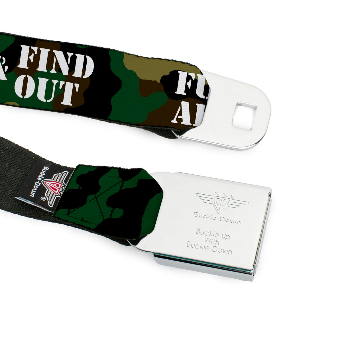 BD Wings Logo CLOSE-UP Black/Silver Seatbelt Belt - FAFO FUCK AROUND & FIND OUT Stencil Camo/White Webbing - Buckle-Down - Flyclothing LLC