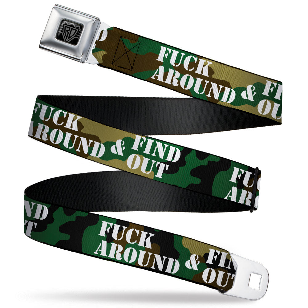 BD Wings Logo CLOSE-UP Black/Silver Seatbelt Belt - FAFO FUCK AROUND & FIND OUT Stencil Camo/White Webbing - Buckle-Down - Flyclothing LLC