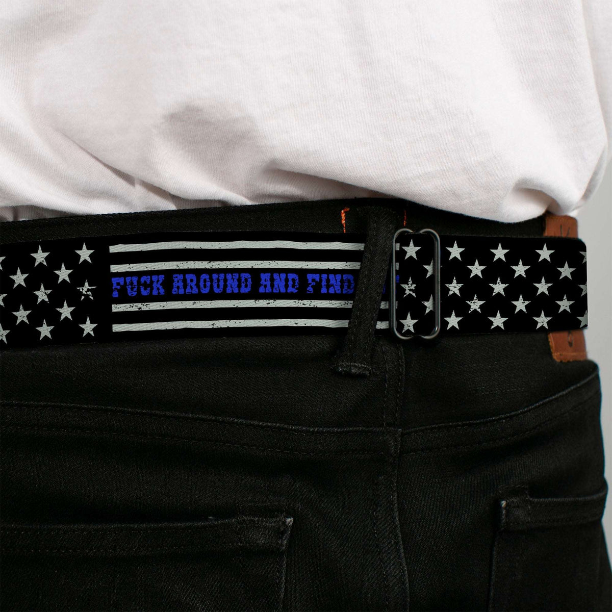 BD Wings Logo CLOSE-UP Black/Silver Seatbelt Belt - FAFO FUCK AROUND AND FIND OUT Thin Blue Line Flag Webbing