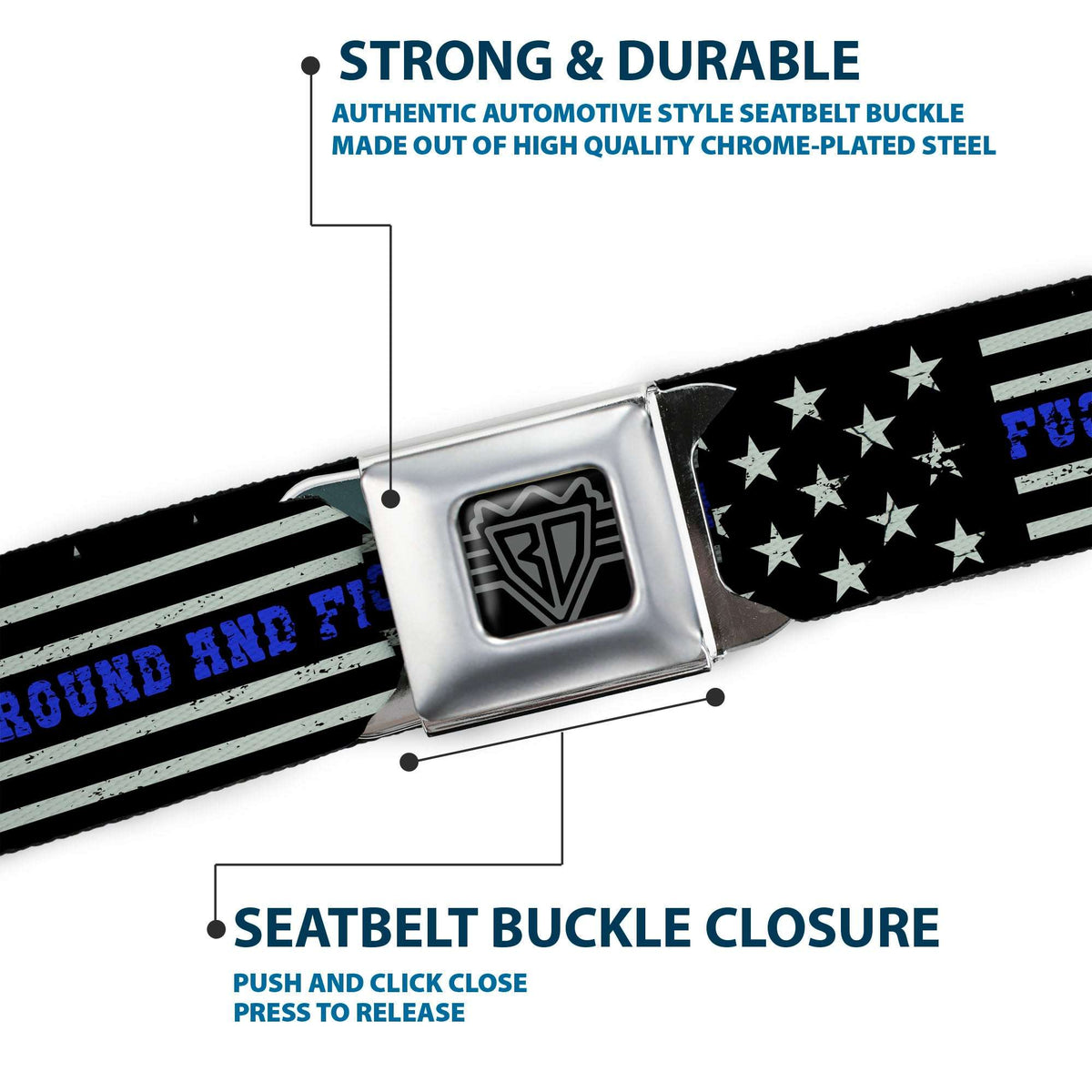 BD Wings Logo CLOSE-UP Black/Silver Seatbelt Belt - FAFO FUCK AROUND AND FIND OUT Thin Blue Line Flag Webbing