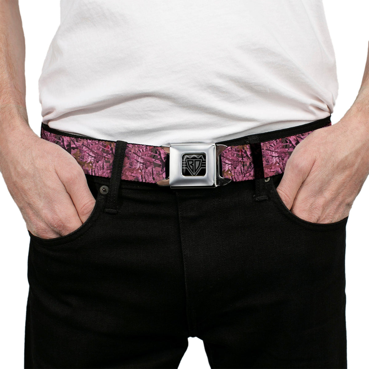 BD Wings Logo CLOSE-UP Full Color Black Silver Seatbelt Belt - Hunting Camo Pinks Webbing - Buckle-Down - Flyclothing LLC