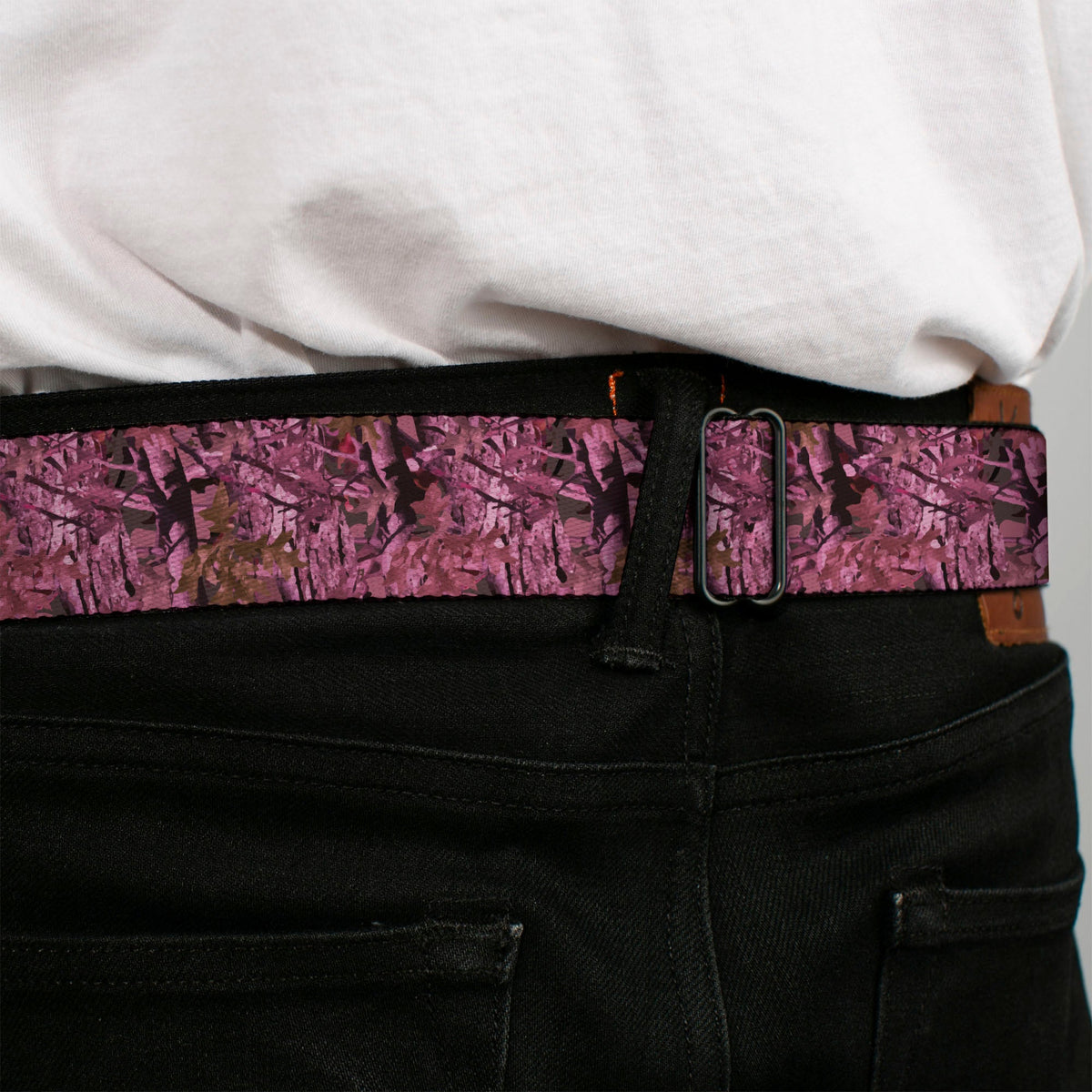 BD Wings Logo CLOSE-UP Full Color Black Silver Seatbelt Belt - Hunting Camo Pinks Webbing - Buckle-Down - Flyclothing LLC