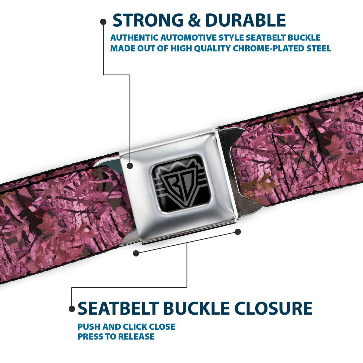 BD Wings Logo CLOSE-UP Full Color Black Silver Seatbelt Belt - Hunting Camo Pinks Webbing - Buckle-Down - Flyclothing LLC