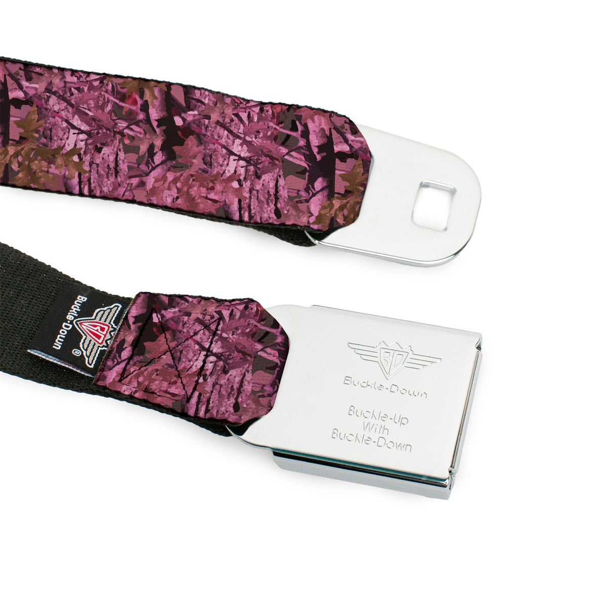 BD Wings Logo CLOSE-UP Full Color Black Silver Seatbelt Belt - Hunting Camo Pinks Webbing - Buckle-Down - Flyclothing LLC