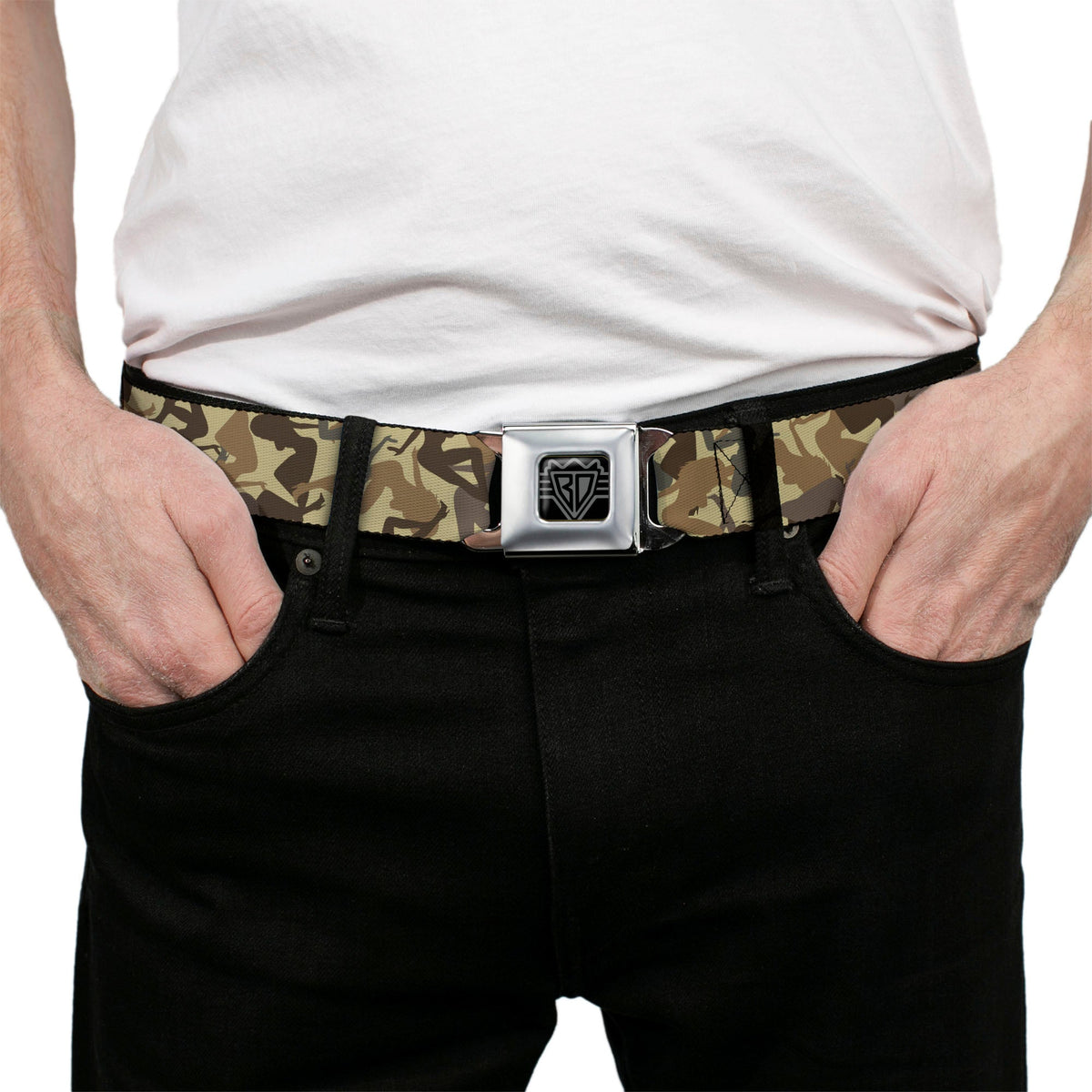 BD Wings Logo CLOSE-UP Full Color Black Silver Seatbelt Belt - Mud Flap Girls Camo Browns Webbing