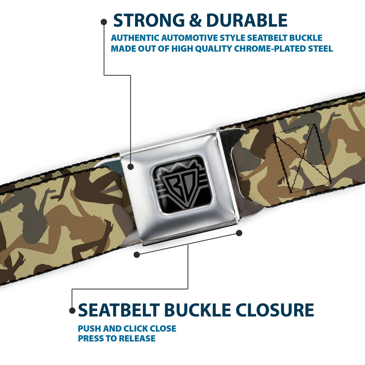 BD Wings Logo CLOSE-UP Full Color Black Silver Seatbelt Belt - Mud Flap Girls Camo Browns Webbing