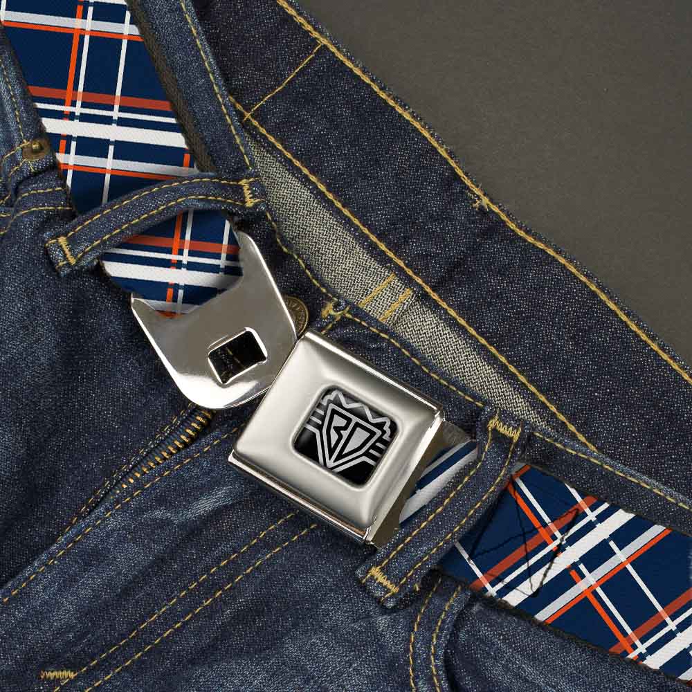 BD Wings Logo CLOSE-UP Full Color Black Silver Seatbelt Belt - Plaid X2 Navy/White/Orange Webbing - Buckle-Down - Flyclothing LLC