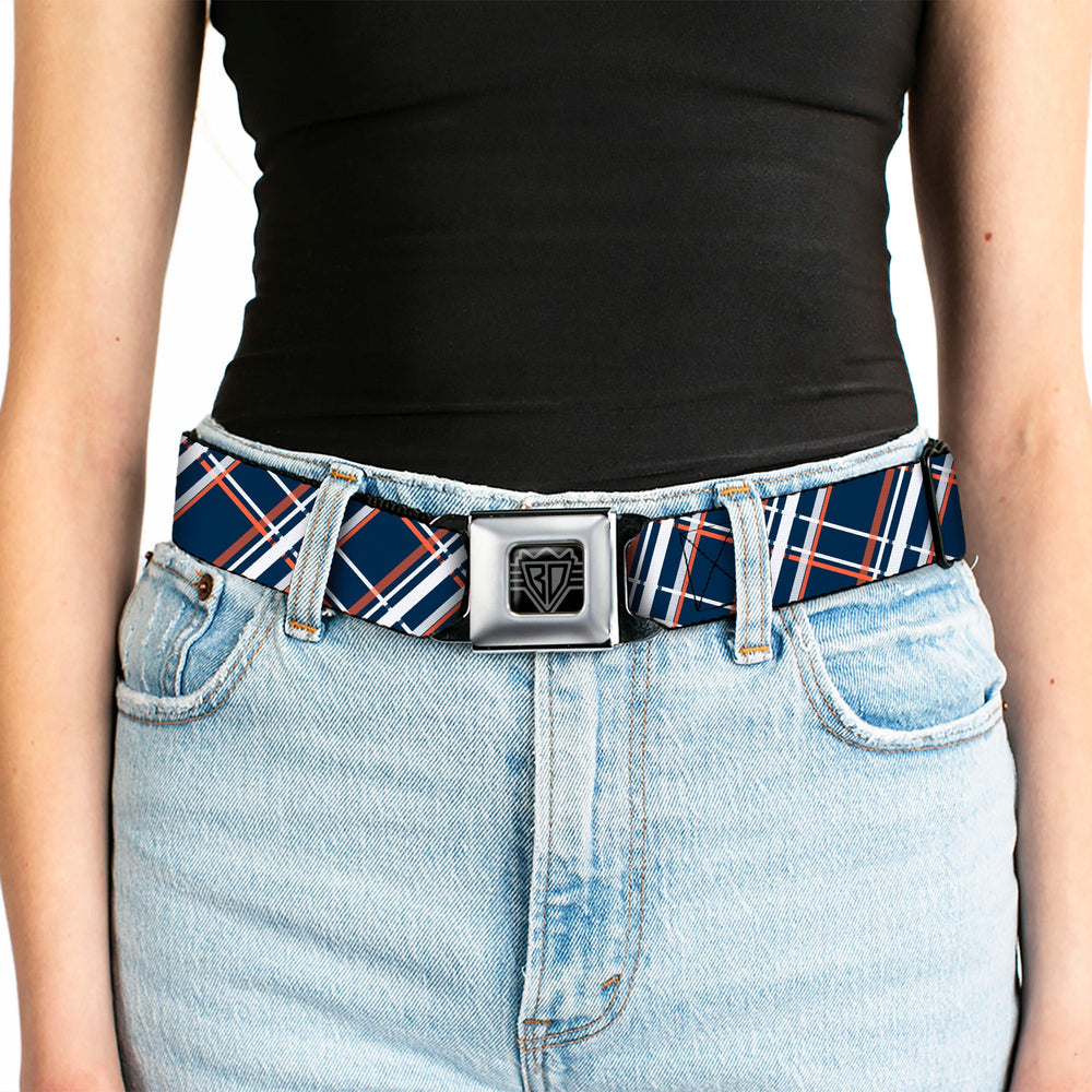 BD Wings Logo CLOSE-UP Full Color Black Silver Seatbelt Belt - Plaid X2 Navy/White/Orange Webbing - Buckle-Down - Flyclothing LLC