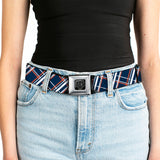BD Wings Logo CLOSE-UP Full Color Black Silver Seatbelt Belt - Plaid X2 Navy/White/Orange Webbing - Buckle-Down - Flyclothing LLC