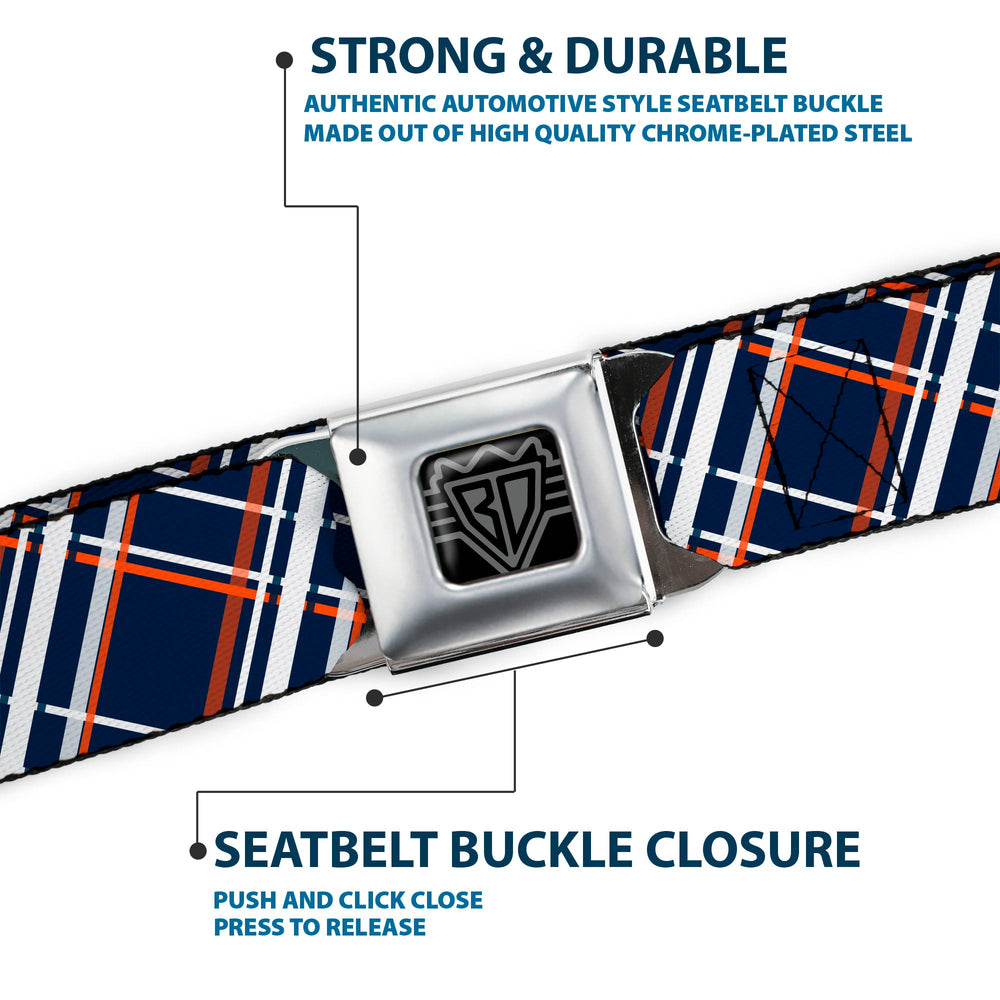BD Wings Logo CLOSE-UP Full Color Black Silver Seatbelt Belt - Plaid X2 Navy/White/Orange Webbing - Buckle-Down - Flyclothing LLC