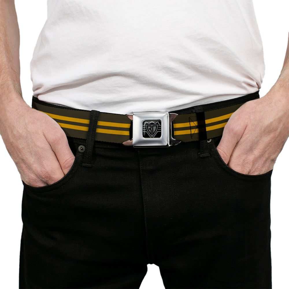 BD Wings Logo CLOSE-UP Full Color Black Silver Seatbelt Belt - Stripe Black/Gold Webbing - Buckle-Down - Flyclothing LLC