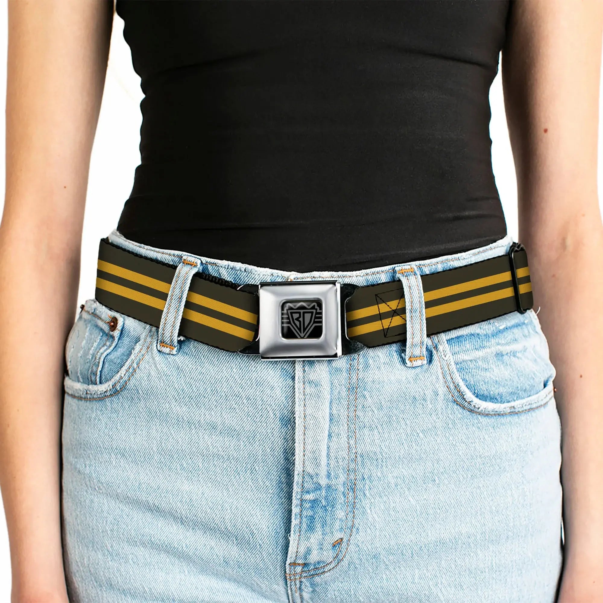 BD Wings Logo CLOSE-UP Full Color Black Silver Seatbelt Belt - Stripe Black/Gold Webbing - Buckle-Down - Flyclothing LLC