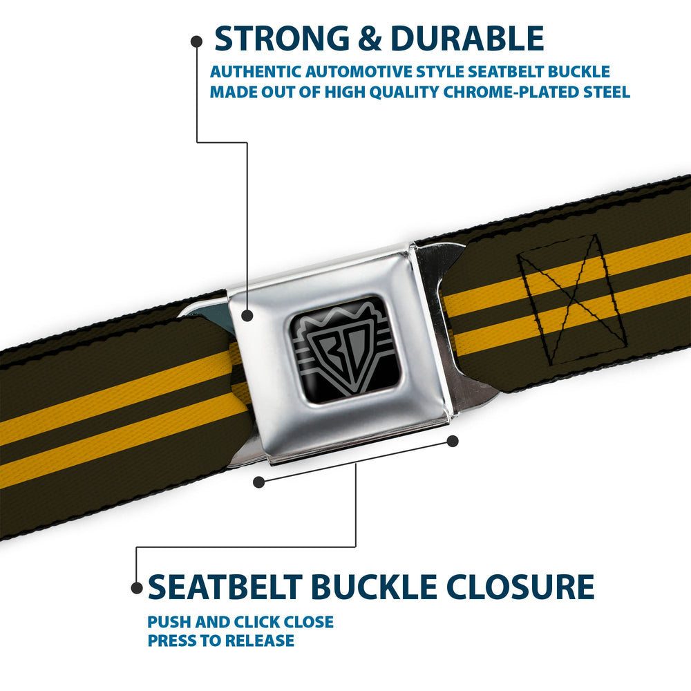 BD Wings Logo CLOSE-UP Full Color Black Silver Seatbelt Belt - Stripe Black/Gold Webbing - Buckle-Down - Flyclothing LLC