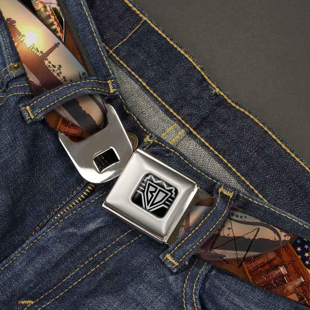 BD Wings Logo CLOSE-UP Full Color Black Silver Seatbelt Belt - Surfboard Cali Scenes/US Flag Stacked Brown Webbing - Buckle-Down - Flyclothing LLC