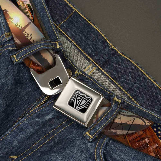 BD Wings Logo CLOSE-UP Full Color Black Silver Seatbelt Belt - Surfboard Cali Scenes/US Flag Stacked Brown Webbing - Buckle-Down - Flyclothing LLC