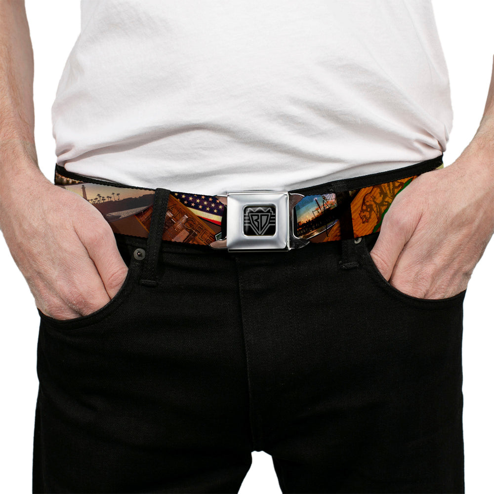 BD Wings Logo CLOSE-UP Full Color Black Silver Seatbelt Belt - Surfboard Cali Scenes/US Flag Stacked Brown Webbing - Buckle-Down - Flyclothing LLC