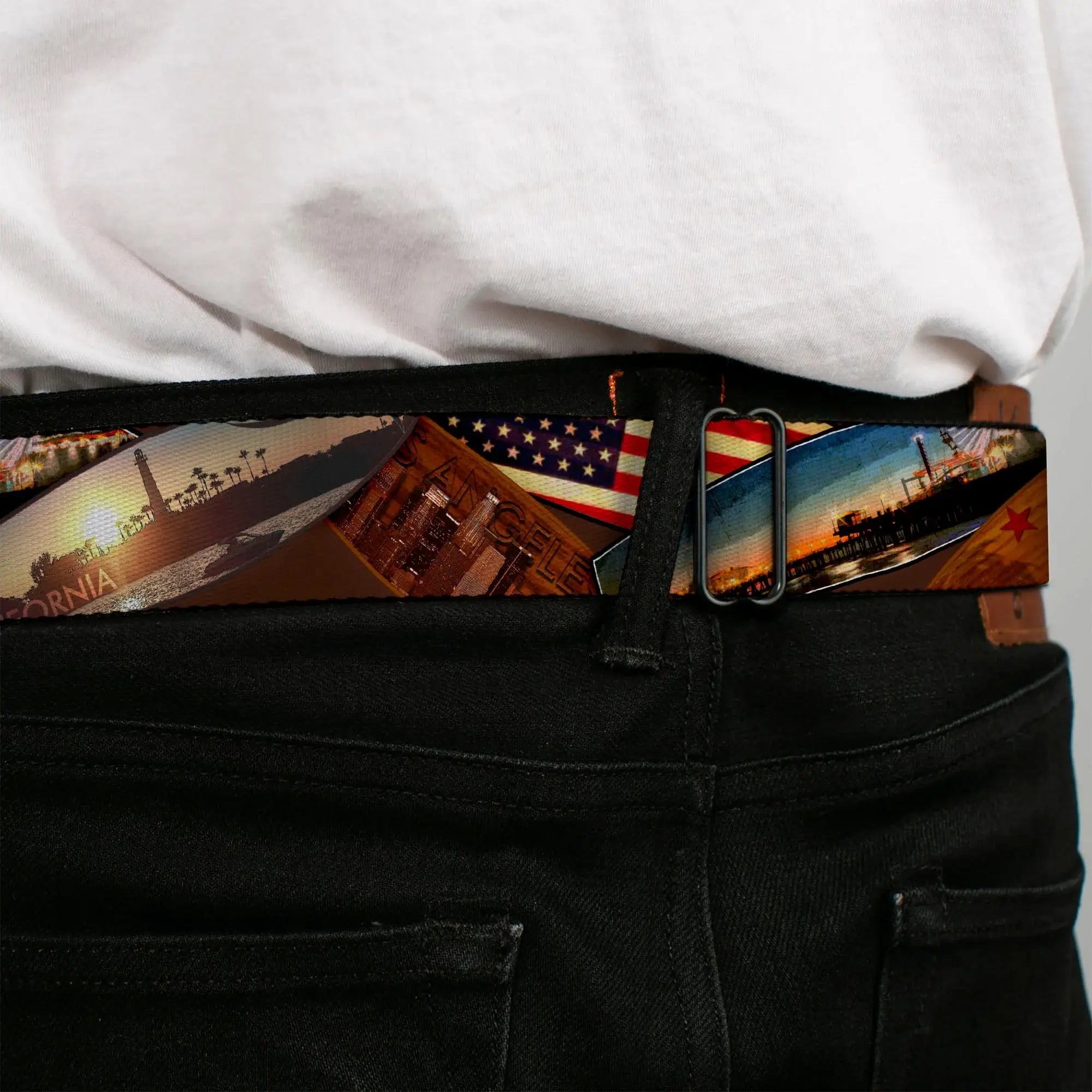 BD Wings Logo CLOSE-UP Full Color Black Silver Seatbelt Belt - Surfboard Cali Scenes/US Flag Stacked Brown Webbing - Buckle-Down - Flyclothing LLC