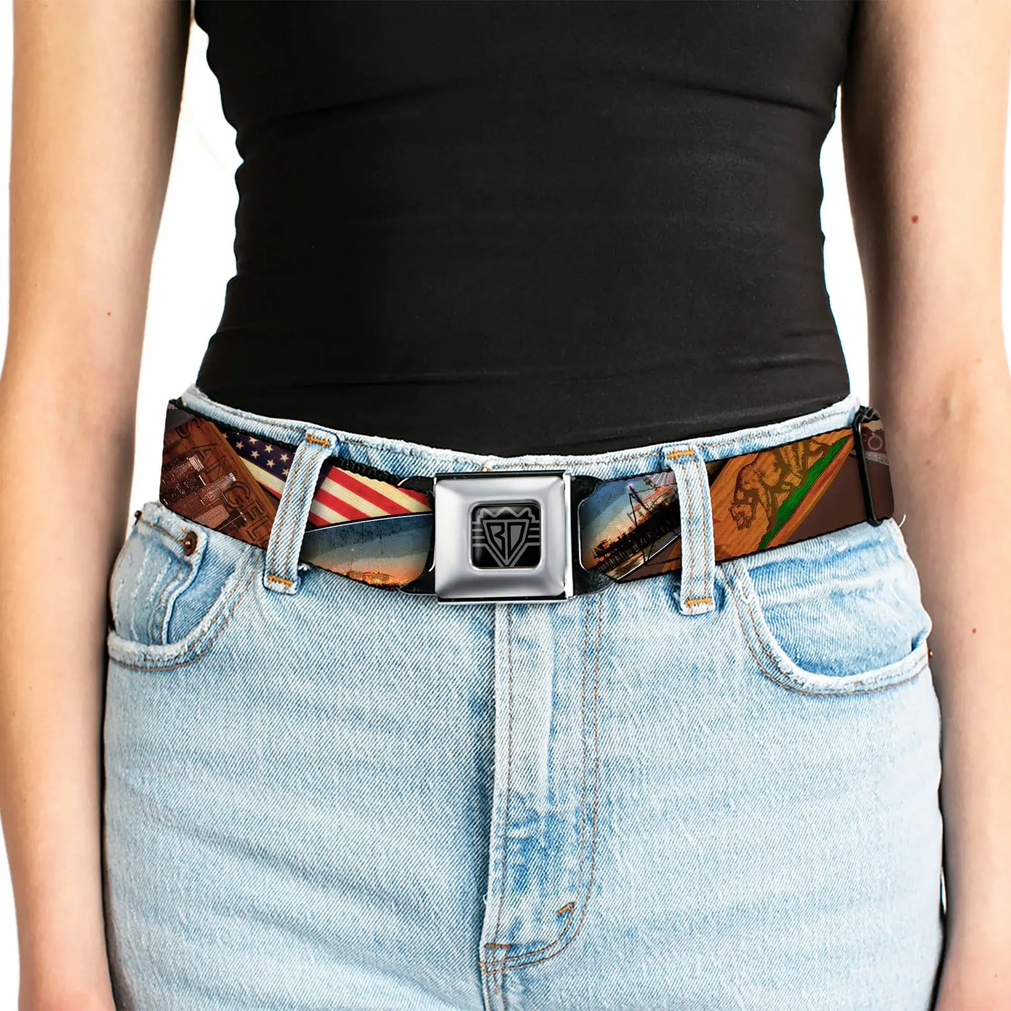 BD Wings Logo CLOSE-UP Full Color Black Silver Seatbelt Belt - Surfboard Cali Scenes/US Flag Stacked Brown Webbing - Buckle-Down - Flyclothing LLC