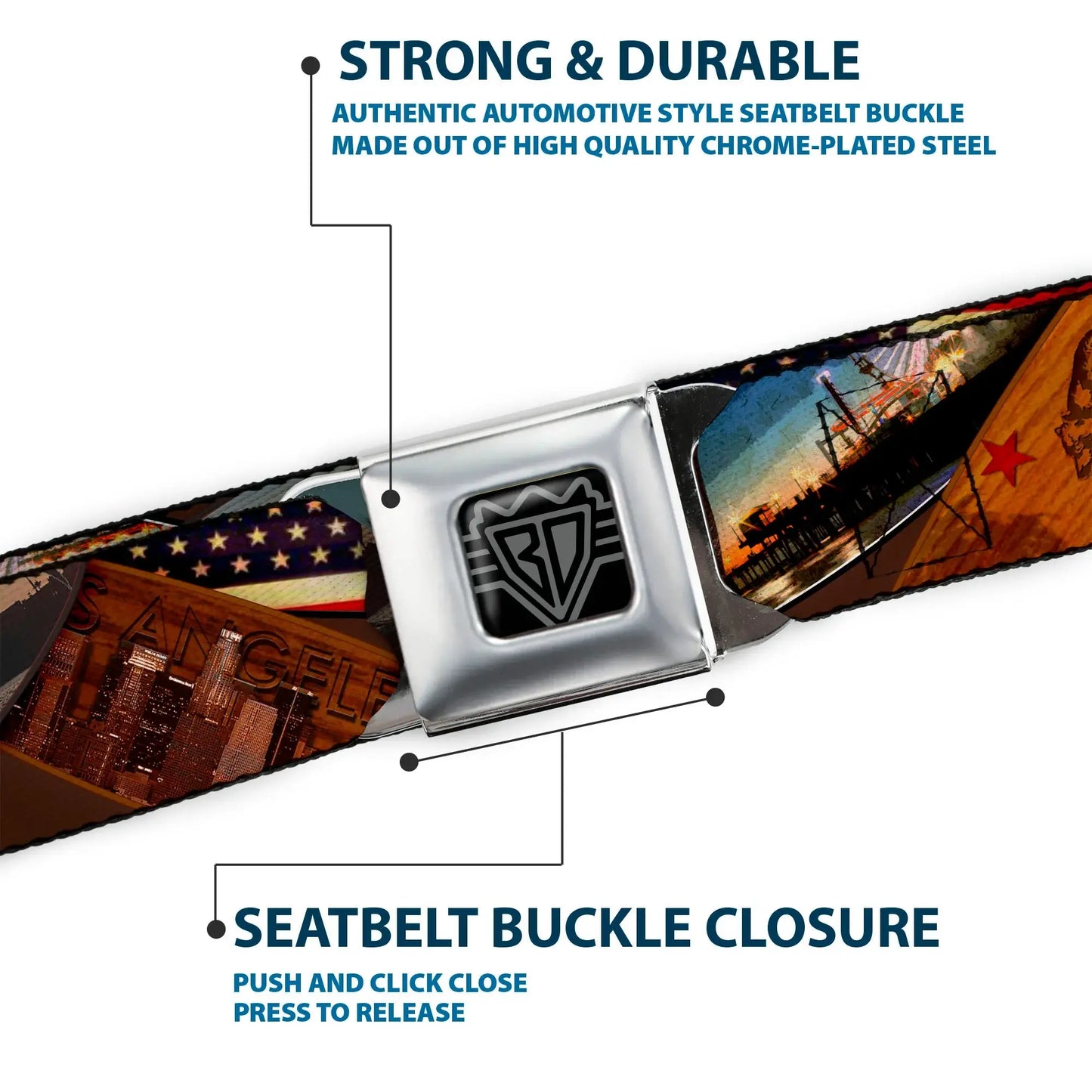BD Wings Logo CLOSE-UP Full Color Black Silver Seatbelt Belt - Surfboard Cali Scenes/US Flag Stacked Brown Webbing - Buckle-Down - Flyclothing LLC