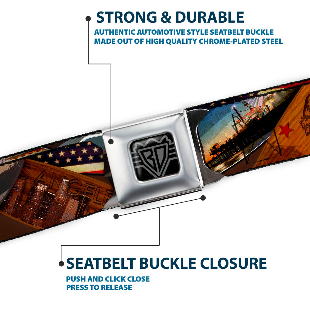 BD Wings Logo CLOSE-UP Full Color Black Silver Seatbelt Belt - Surfboard Cali Scenes/US Flag Stacked Brown Webbing - Buckle-Down - Flyclothing LLC