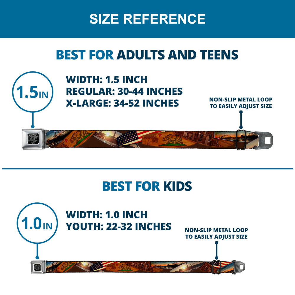 BD Wings Logo CLOSE-UP Full Color Black Silver Seatbelt Belt - Surfboard Cali Scenes/US Flag Stacked Brown Webbing - Buckle-Down - Flyclothing LLC