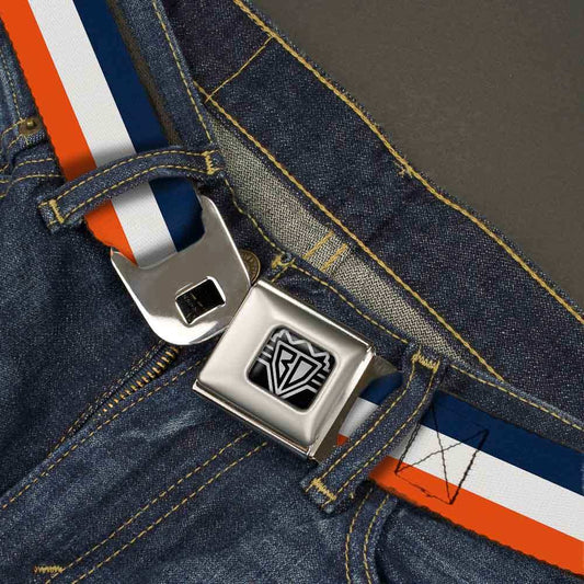 BD Wings Logo CLOSE-UP Full Color Black Silver Seatbelt Belt - Stripe Navy/White/Orange Webbing - Buckle-Down - Flyclothing LLC